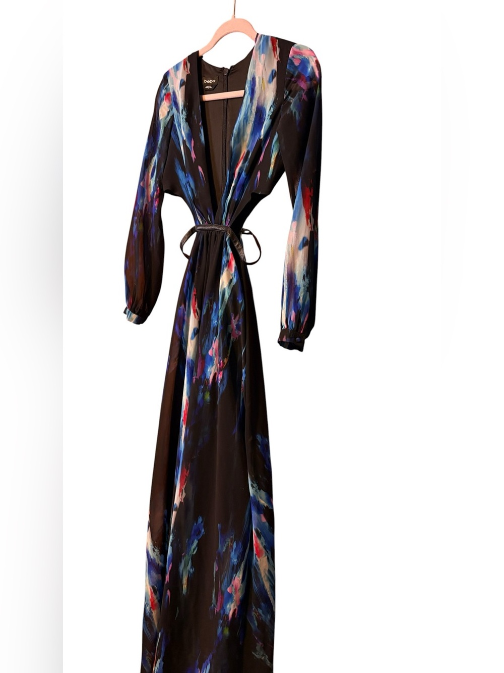 Bebe Abstract Print Cutout Maxi Dress Size 0 Resort Cruise Wedding Guest - Picture 8 of 12